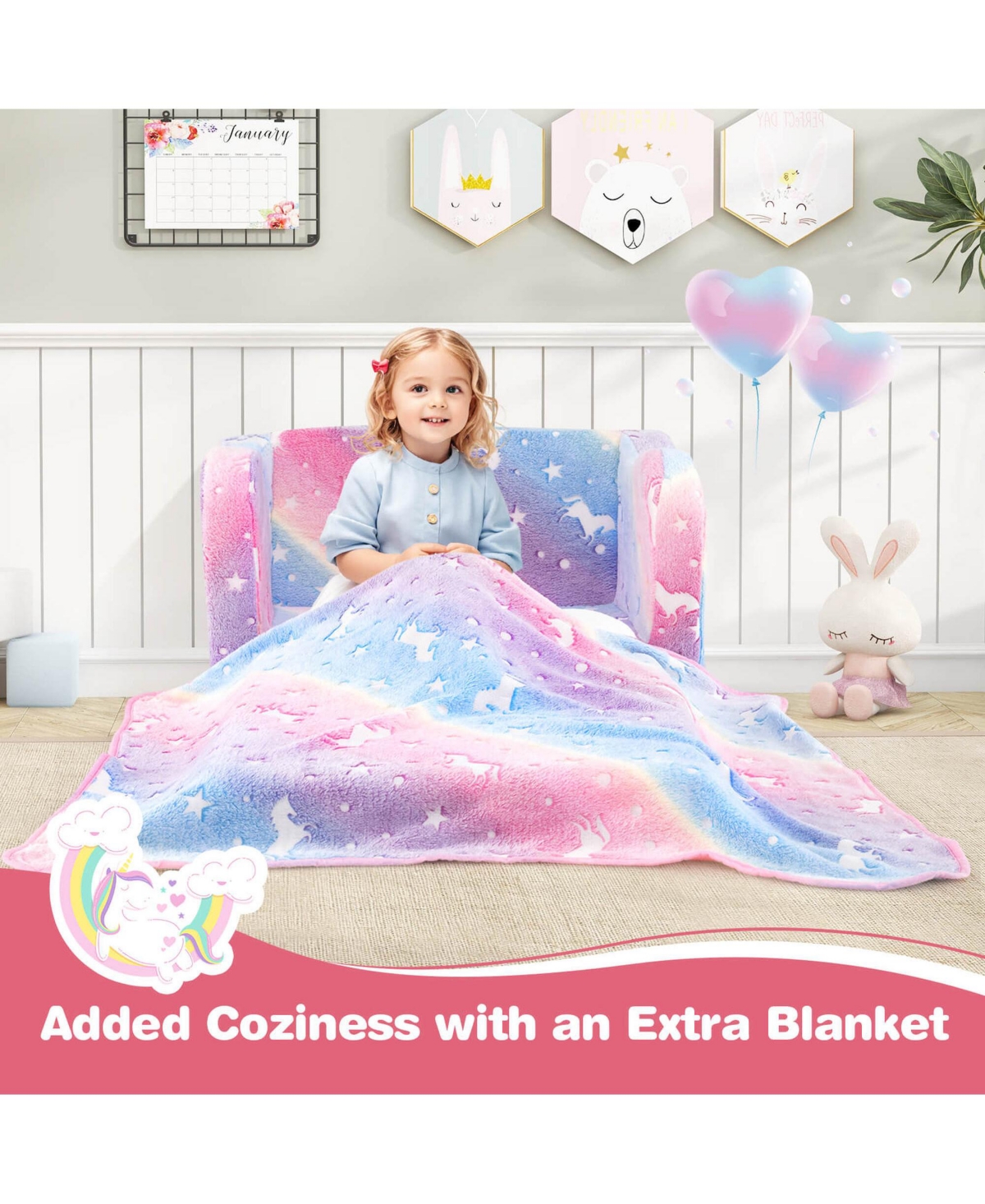 2-in-1 Kids Couch Folding Toddler Chair with Blanket Gift for 3+