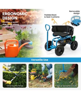 Rolling Garden Cart Height Adjustable Scooter with Swivel Seat & Tool Storage