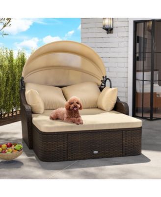 Patio PE Rattan Daybed with Retractable Canopy and Soft Cushions