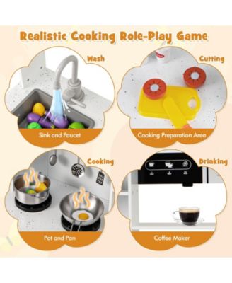 Pretend Play Wooden Kitchen Toy Set with Range Hood Real Sounds and Lights for Kids