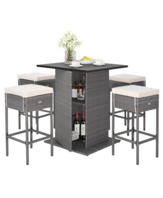 5 Pieces Outdoor Wicker Bar Table Set with Hidden Storage Shelves