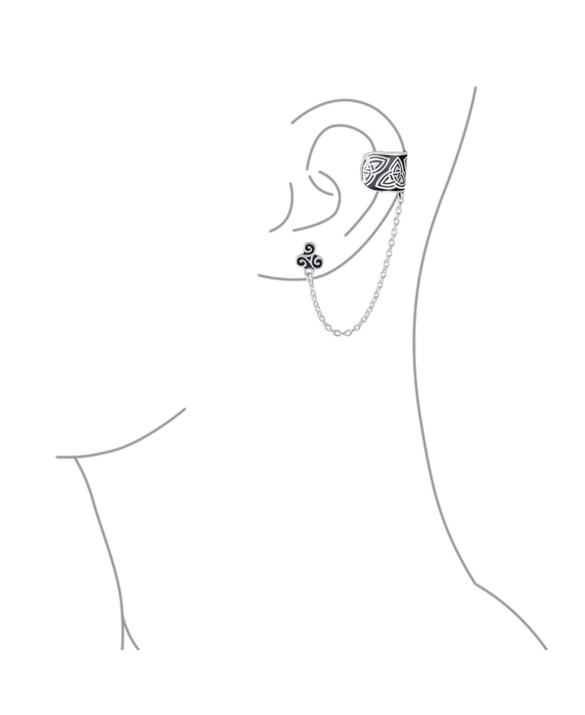 Bling Jewelry Celtic Irish Trinity Triskele Wrap Cartilage Ear Cuff Chain Pierced Ear Stud Earrings 1Pcs Oxidized .925 Sterling Silver