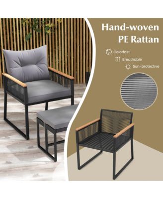 5 Piece Patio Conversation Set PE Rattan Wicker Chairs w/ 2 Ottomans Soft Cushions