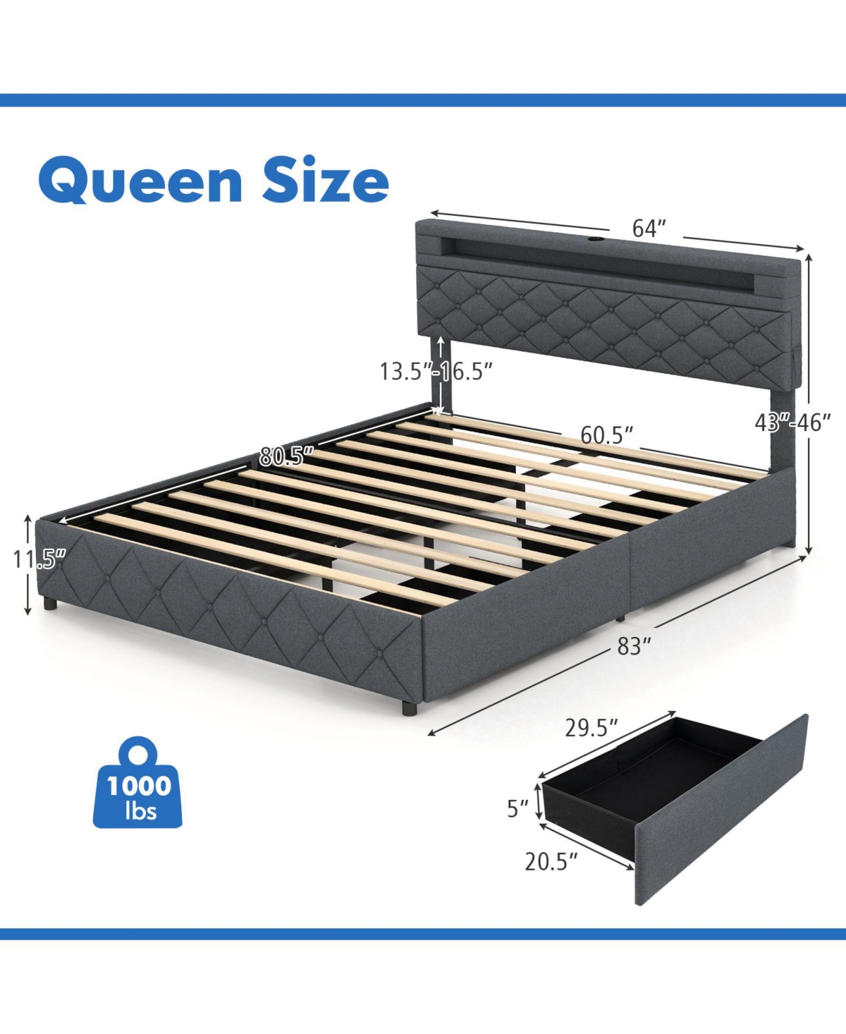 Bed Frame with Adjustable Storage Headboard Wooden Slat Support