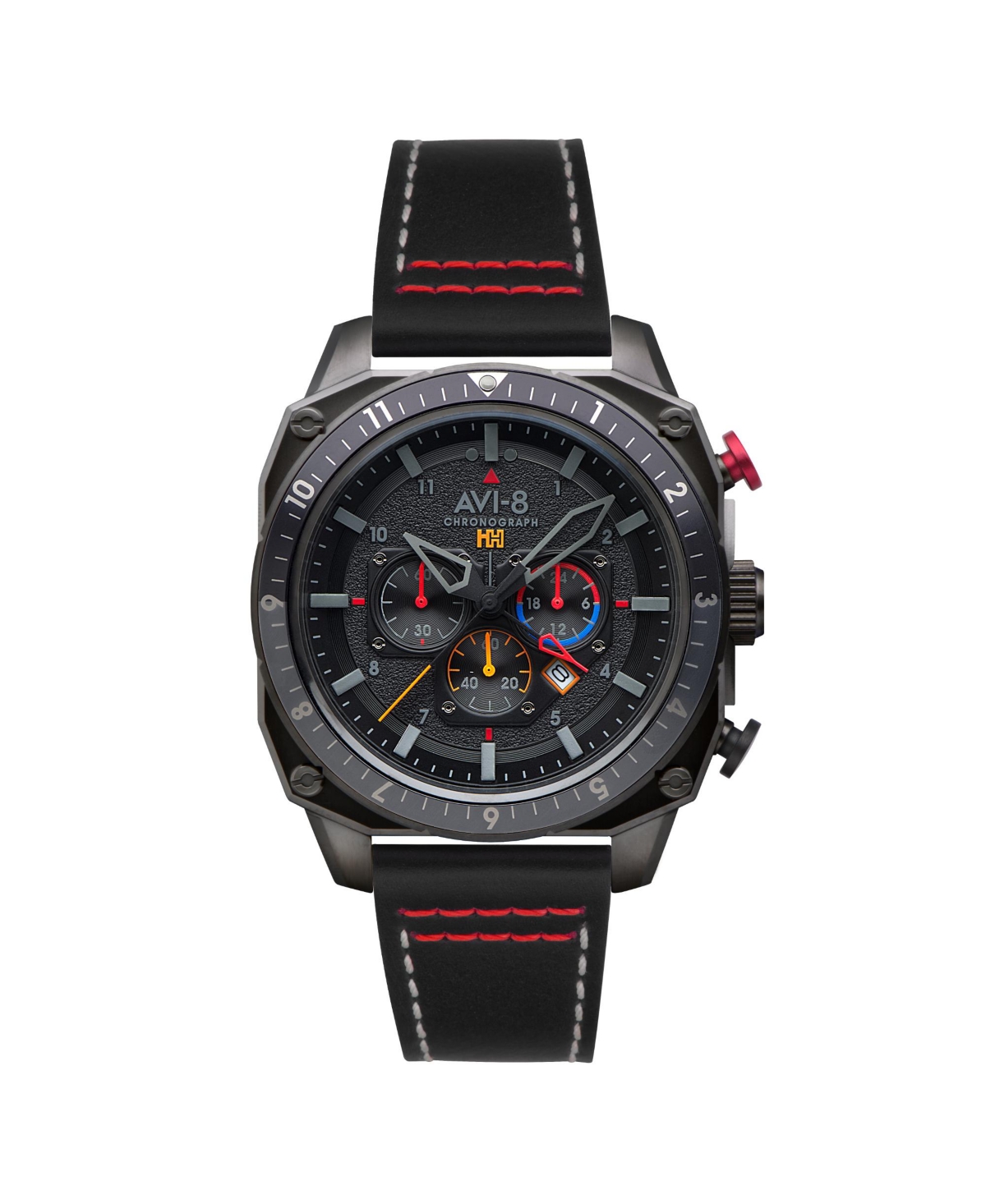 Men's Hawker Hunter Atlas Dual-Time Chronograph Black Leather Strap Watch, 43mm - Black