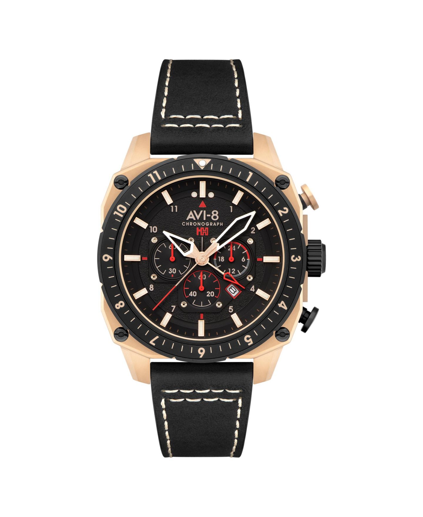 Мужские часы AVI-8 Hawker Hunter Atlas Dual-Time Chronograph Black Leather Strap Watch, 44mm — фото 1