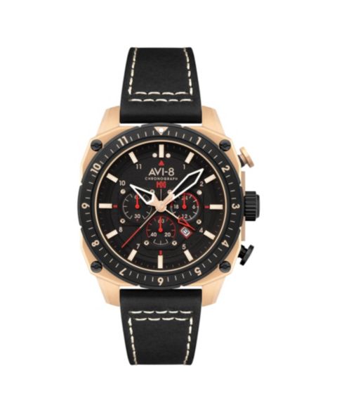 Мужские часы AVI-8 Hawker Hunter Atlas Dual-Time Chronograph Black Leather Strap Watch, 44mm