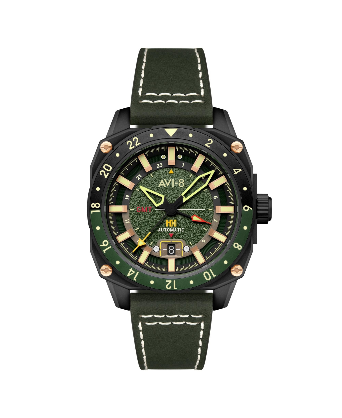 Men's Hawker Hunter Atlas Gmt Automatic Green Leather Strap Watch, 44mm - Green