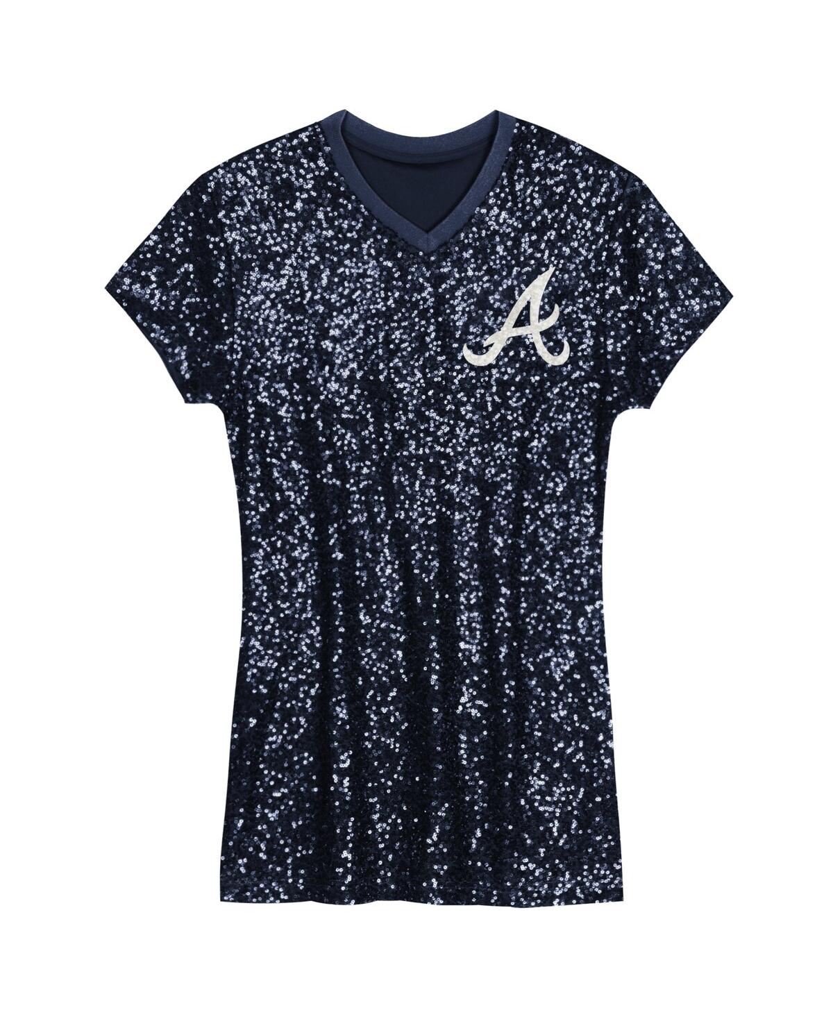 Outerstuff Big Girls Navy Atlanta Braves Sequin V-neck Dress In Navy