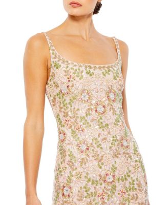 mac duggal sleeveless hand beaded floral midi dress Mac Duggal Women's Floral Beaded Midi Sheath Dress - Nude Multi - 4