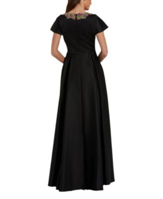 Women's Satin Flutter Sleeve Gown With Neckline Beading