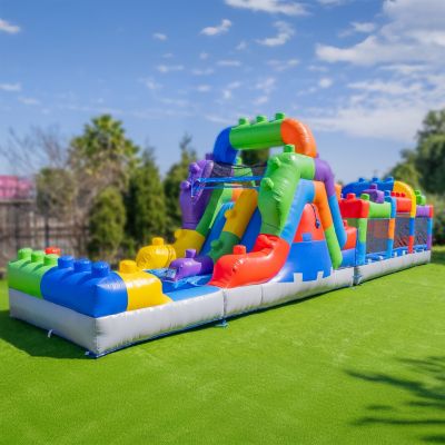 HeroKiddo 42' Block Party Inflatable Obstacle Course Water Slide Combo with Air Blower, Commercial Grade, 100% PVC Vinyl, Kids Outdoor Play, Summer Fun,