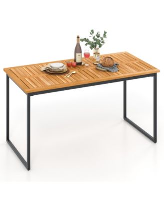 Acacia Wood Dining Table for 6 People with Slatted Tabletop and Umbrella Hole