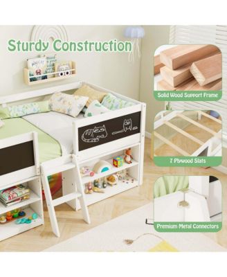 Twin Size Low Loft Bed with Ramp Ladder & Bookcases Full-length Safety Guardrail