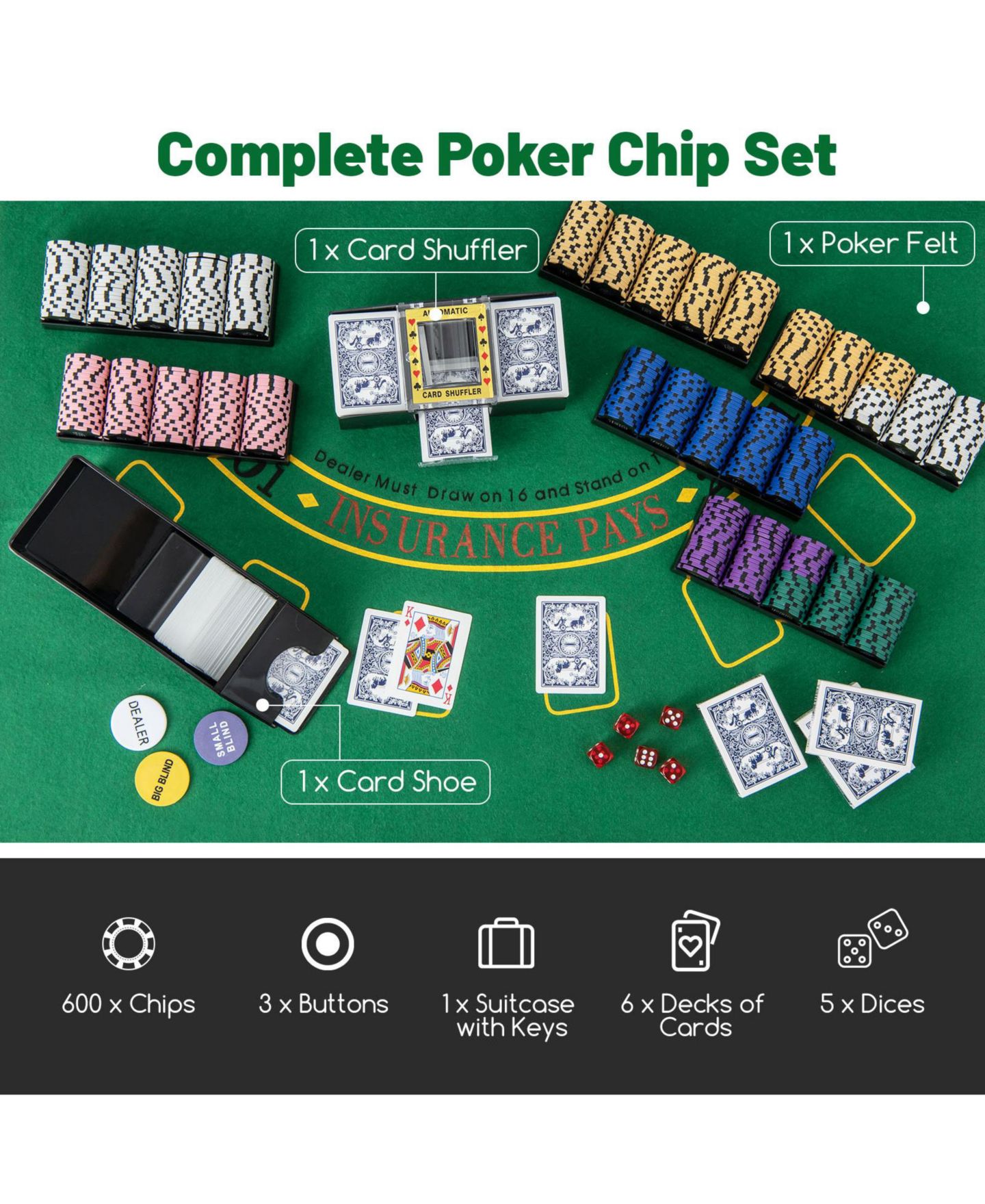 Детские игрушки Slickblue 600 Count Poker Chip Set with 14 Gram Casino Style Chips and Storage Carrying Case, цвет: Чёрный — фото 4