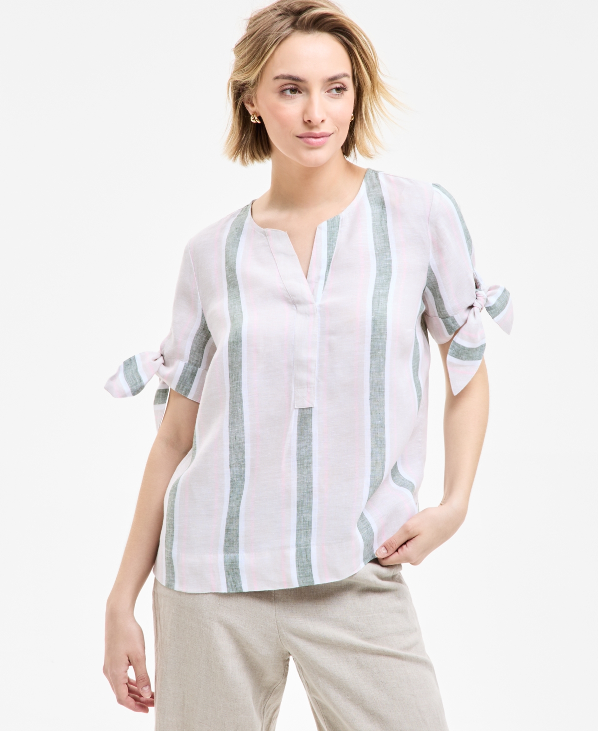 CHARTER CLUB WOMEN'S 100% LINEN STRIPED TIE-CUFF TOP, EXCLUSIVELY AT MACY'S 