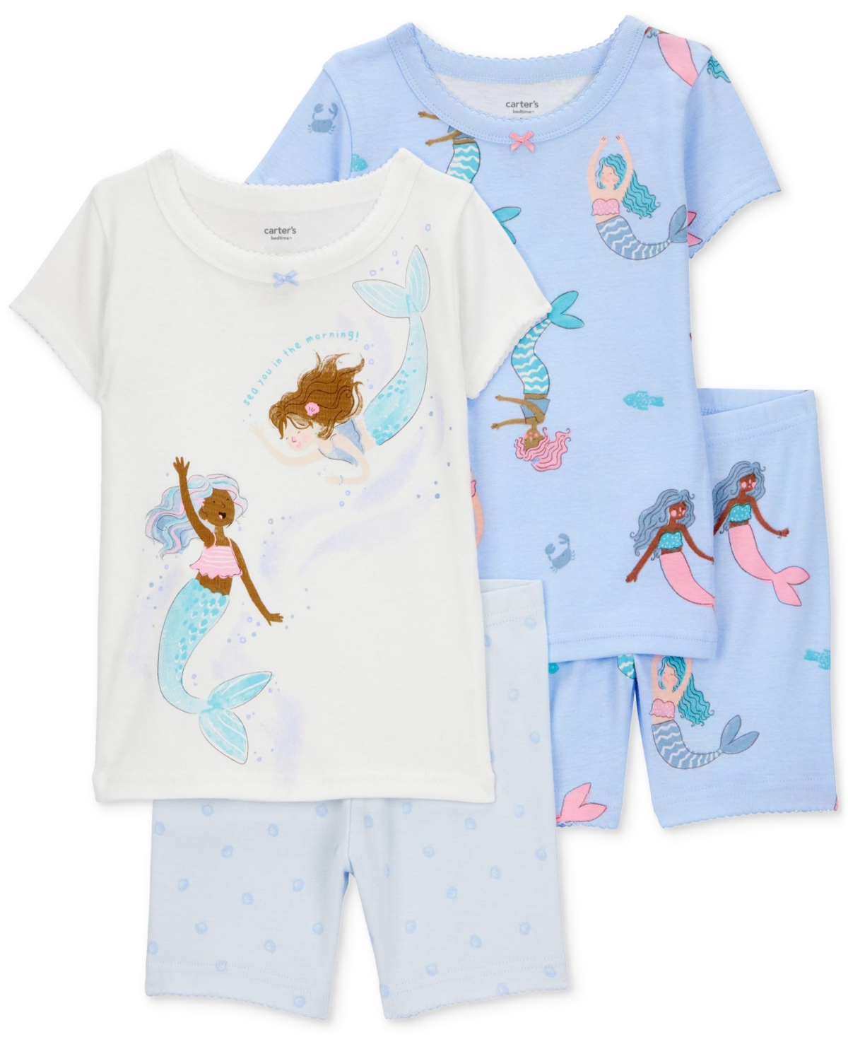 Carter's Toddler Girls Mermaid-print Snug-fit Cotton Pajamas, 4 Piece Set In White,grey,blue