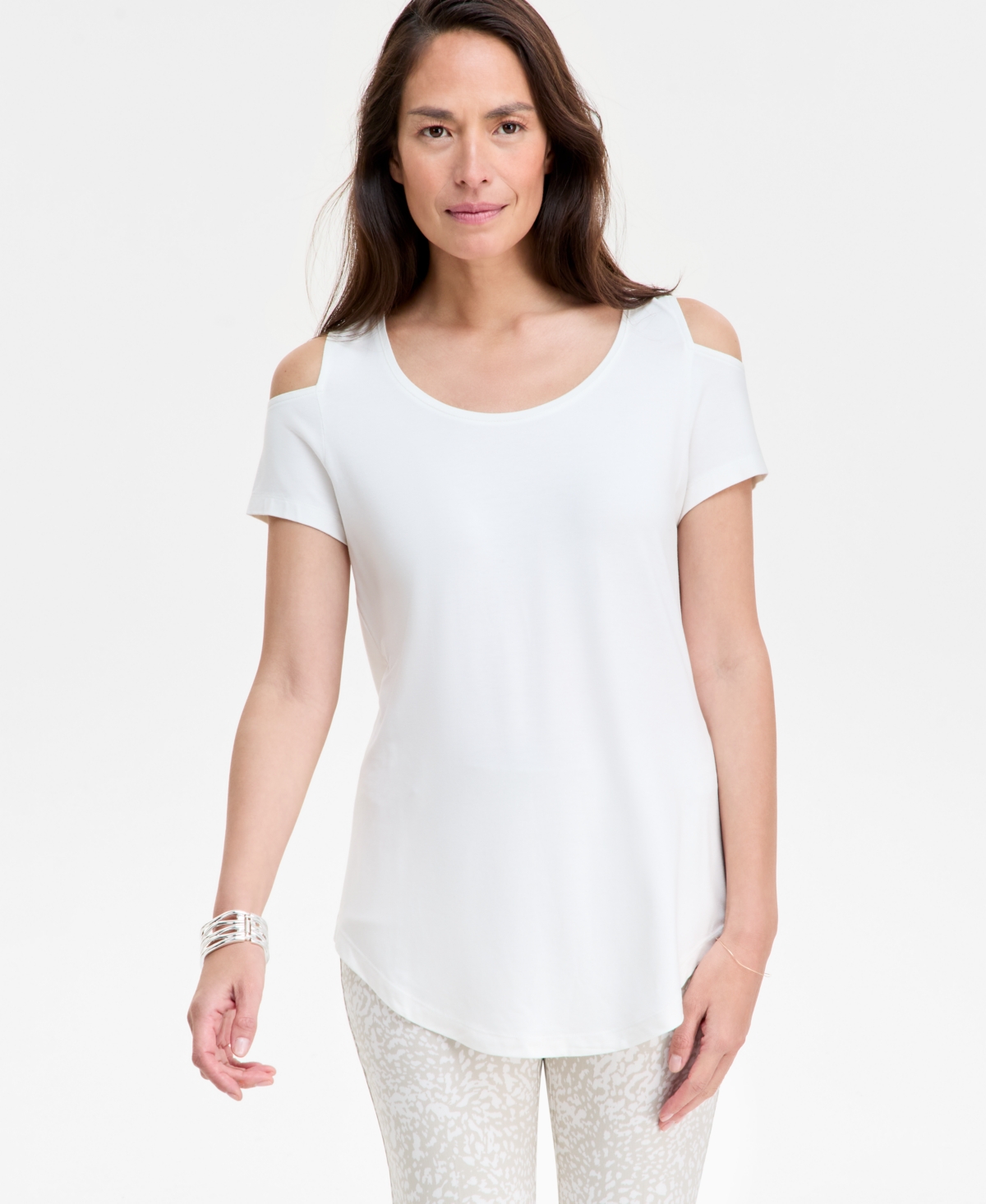 Shop Jm Collection Women's Solid Short-sleeve Cold-shoulder Top, Created For Macy's In Neo Natural