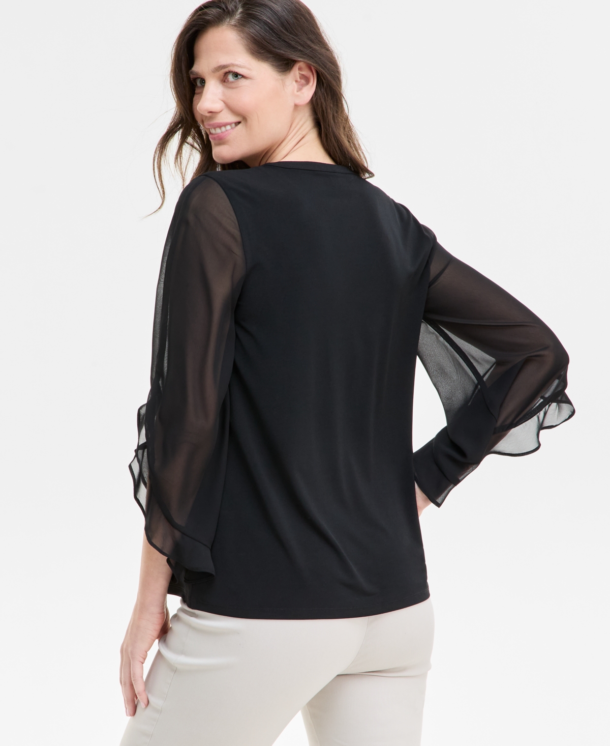 Jm Collection Women's Tulip-sleeve Mixed-media Top, Exclusively At Macy's