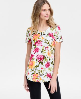 売れ筋商品|||ジェイエムコレクション カットソー トップス レディース Women's Floral Printed Scoop-Neck Short Sleeve Top, Exclusively at Macy's Garden White Combo JM Collection Women's Printed Scoop-Neck Short Sleeve Top