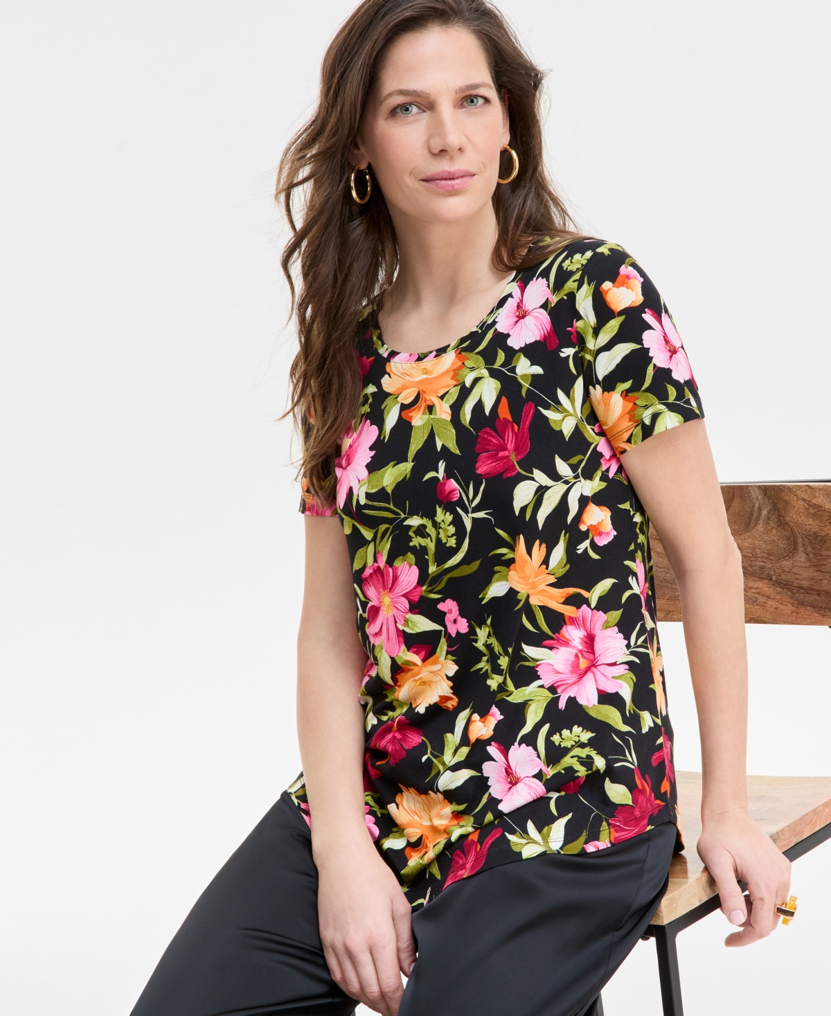 JM COLLECTION WOMEN'S PRINTED SCOOP-NECK SHORT SLEEVE TOP, EXCLUSIVELY AT MACY'S 