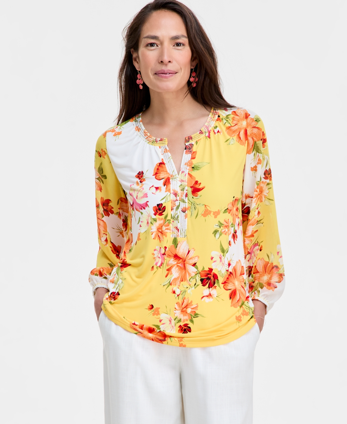 Women's Printed Embellished Split-Neck Top, Exclusively at Macy's - Neo Natural
