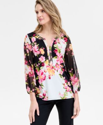 JM Collection - Women's Lisana Cascade Embellished Split-Neck Top