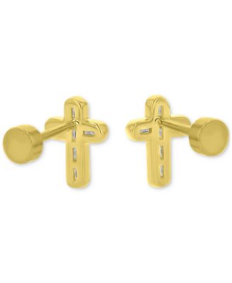 Cubic Zirconia Baguette Cross Stud Earrings in 14k Gold-Plated Sterling Silver