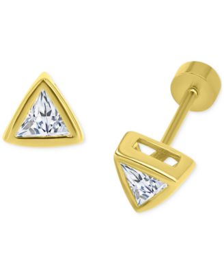 Cubic Zirconia Triangle Bezel Screw Back Stud Earrings in 14k Gold-Plated Sterling Silver