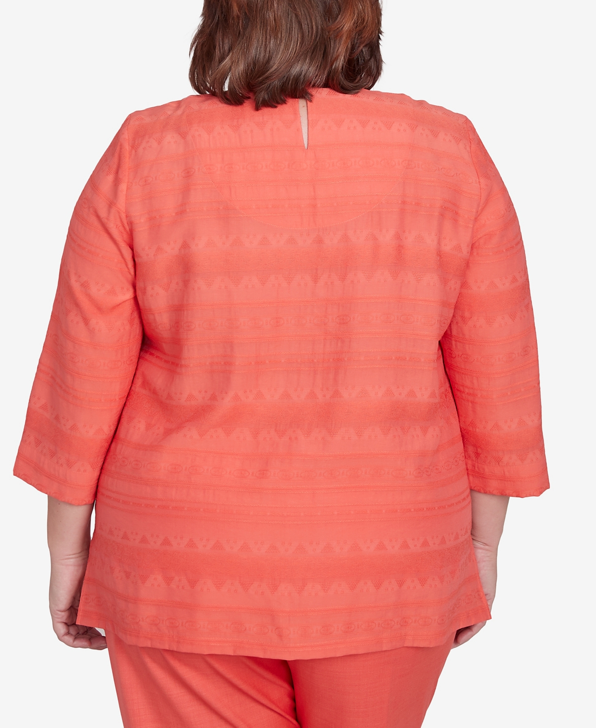 Alfred Dunner Plus Size Catalina Island Solid Textured Lace Trim Round Neck Top In Tangerine