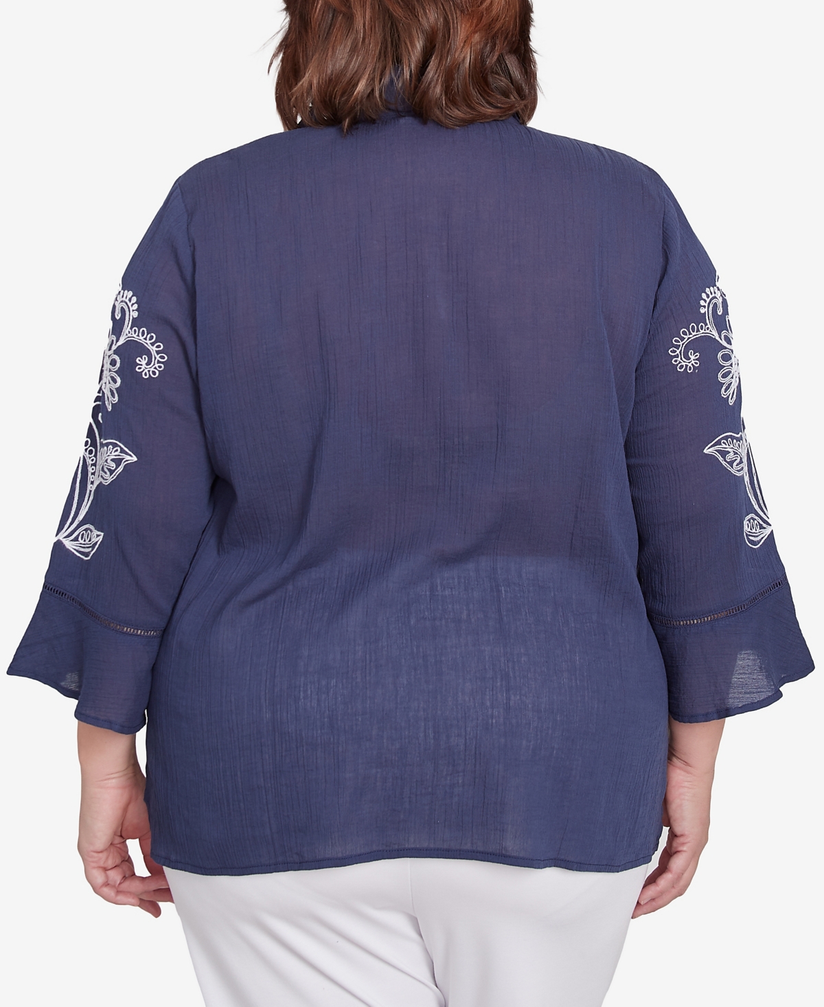 Alfred Dunner Plus Size Nantucket Embroidered Marine Button Front Top In Marine Blue