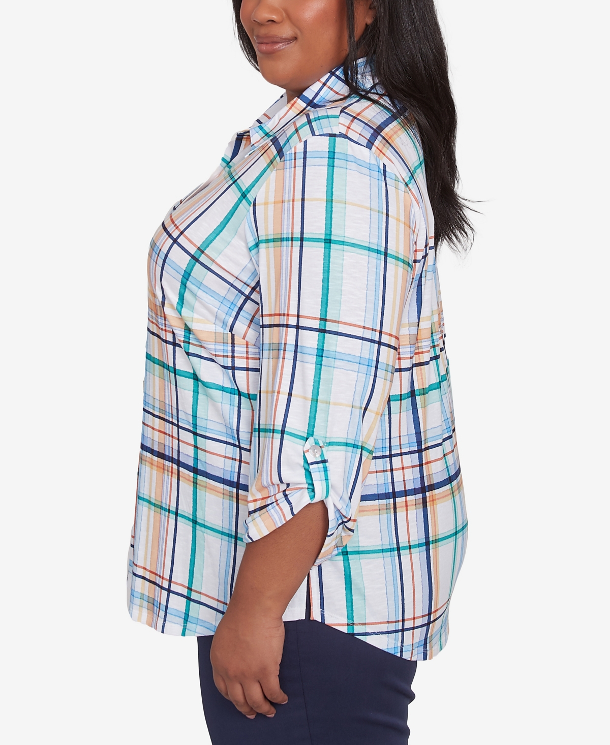 Alfred Dunner Plus Size Nantucket Plaid Knit Button Front Collared Top In Marine Multi