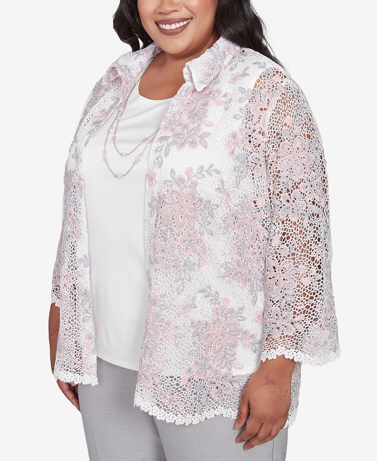 Alfred Dunner Plus Size Estate Of Mind Floral Lace Two In One Collared Neck Top With Necklace In Multi Pink