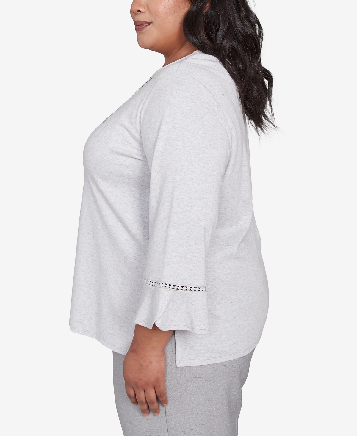 Alfred Dunner Plus Size Estate Of Mind Embroidered Scroll Bell Sleeve Top In Dove Gray