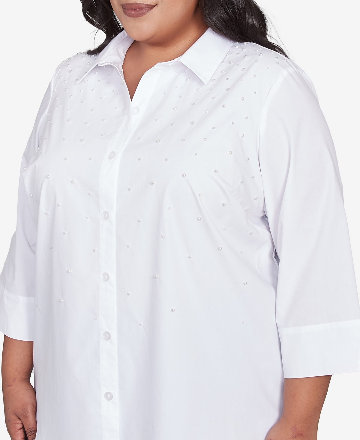 Alfred Dunner Plus Size Flower Power Studded Button Down Collared Top In White
