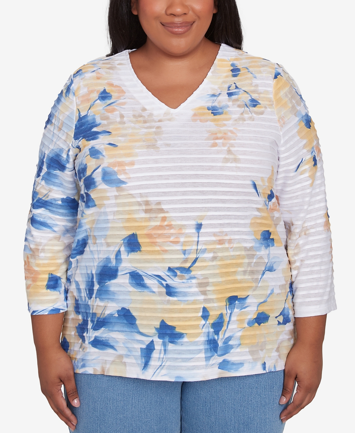 Alfred Dunner Plus Size Flower Power Floral Textured V Neck Top In Multi Blue