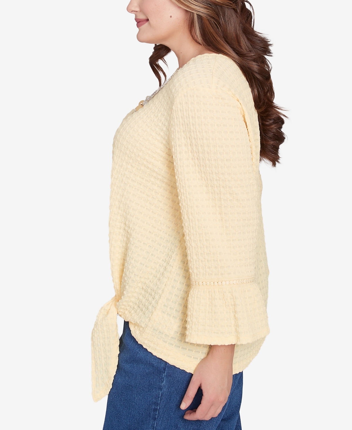 Alfred Dunner Plus Size Flower Power Tie Front Textured Crew Neck T-shirt With Necklace In Buttercup
