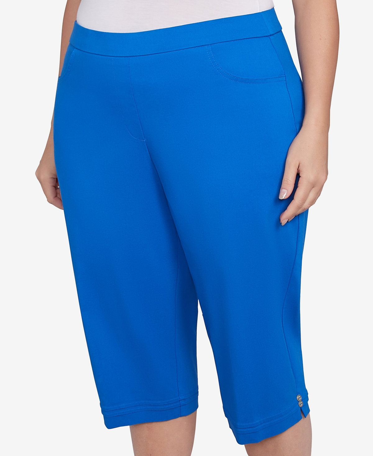 Alfred Dunner Plus Size Parrot Cay Novelty Cuff Tummy Control Capris Pants In Cobalt Blue