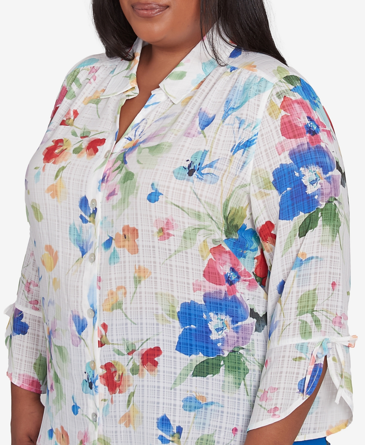 Alfred Dunner Plus Size Parrot Cay Abstract Watercolor Button Down Collared Top In Cobalt Multi