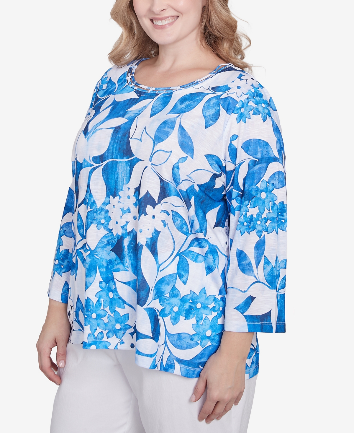 Alfred Dunner Plus Size Parrot Cay Monotone Cobalt Floral Top In Cobalt Blue
