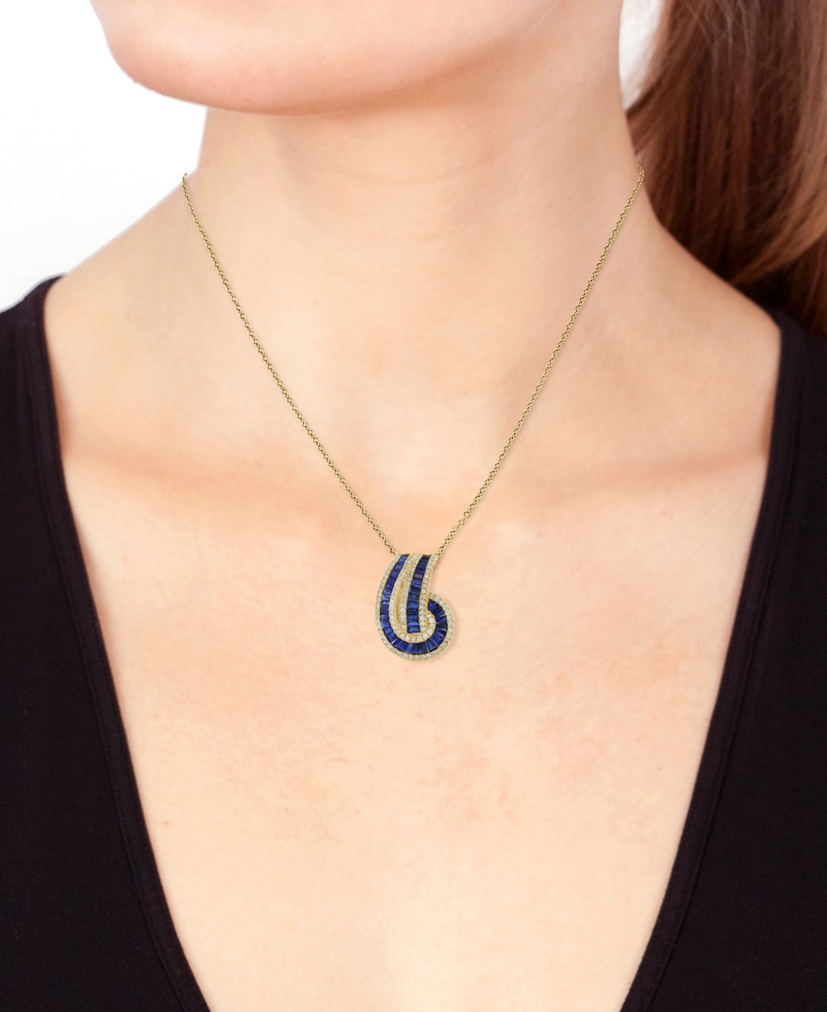 EFFY COLLECTION EFFY SAPPHIRE (2-1/3 CT. T.W.) & DIAMOND (3/8 CT. T.W.) BAGUETTE KNOT 18" PENDANT NECKLACE IN 14K GO 