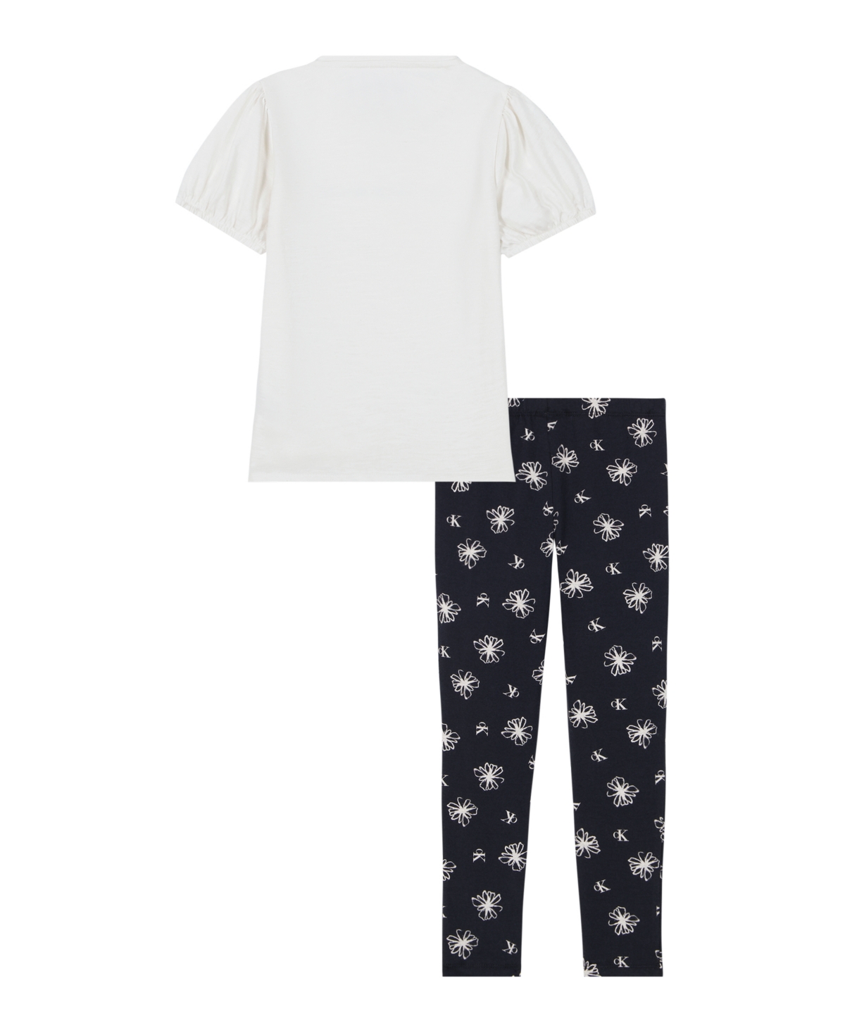 Calvin Klein Toddler And Little Girls 2-piece Puff Sleeve Tie-front Top Floral Stretch Leggings Sets In Egret,deep Black