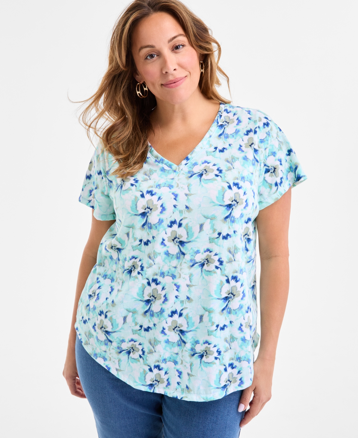 Plus Size Printed V-Neck T-Shirt, Exclusively at Macy's - Atomic Orange Combo