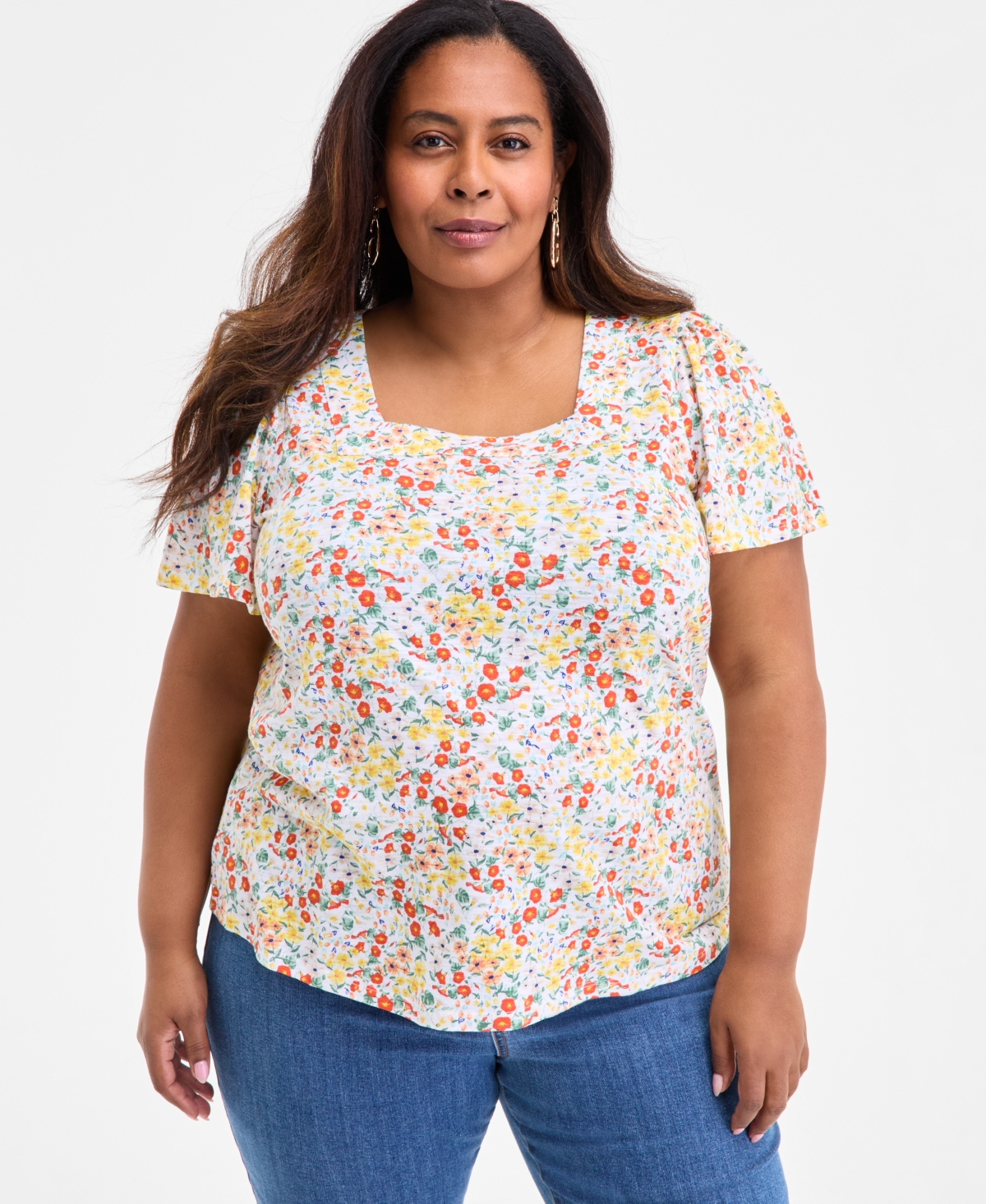 Style & Co Plus Size Printed Square-neck Short-sleeve Top, Exclusively At Macy's