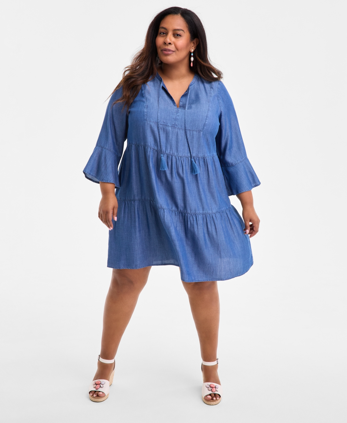 Style & Co Plus Size Split-neck Tiered Flutter-sleeve Dress, Exclusively At Macy's