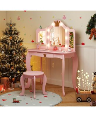 Kids Vanity Set with Tri-Fold Lighted Mirror, Detachable Top, and Stool Fun Dressing Table for Kids