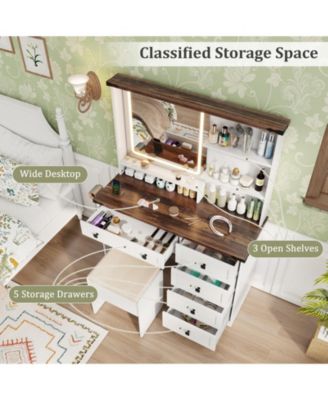 Farmhouse Vanity Set with Mirror and 3-Color LED Lighting for Bedroom or Dressing Room