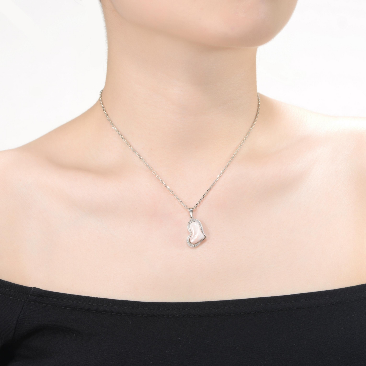 Sterling Silver White Gold Plated with Pink Mother of Pearl Heart Shaped Pendant Necklace