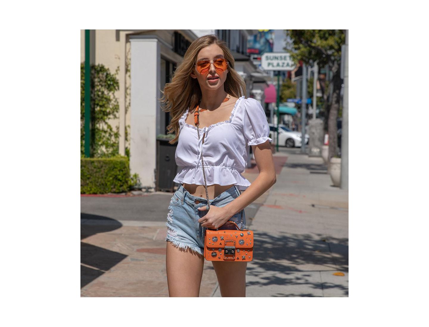 Женская сумка SUSU Hollywood Leather Small Top Handle Purse Studded Mini Crossbody Bag Structured with Buckle Closure, цвет: Оранжевый — фото 5