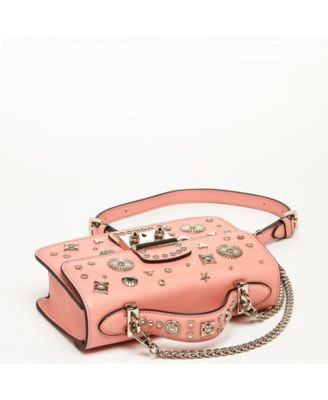 Women s Pink Leather Crossbody Bag Studded Shoulder Purse with Top Handle Embellished Handbag for Evening & Casual Outfits
